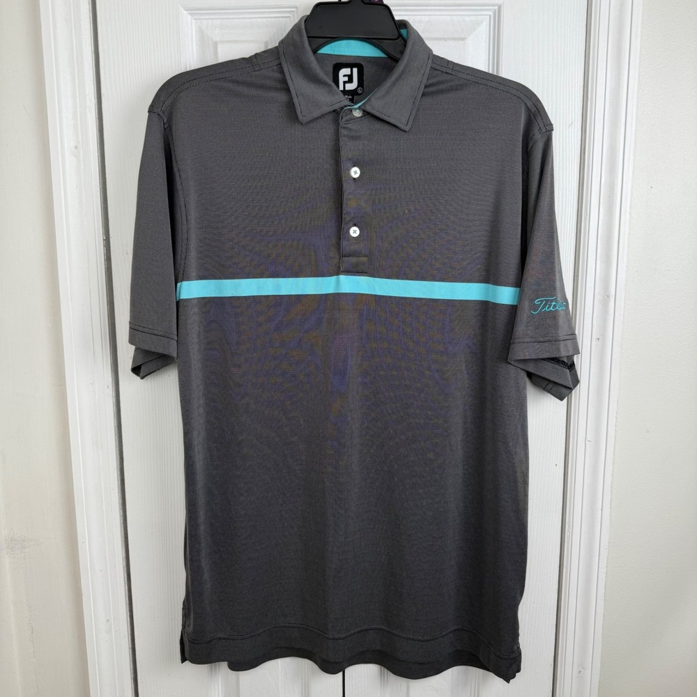FootJoy Polo Shirt Mens L Gray Blue Stripe Golf Performance Titleist Athletic